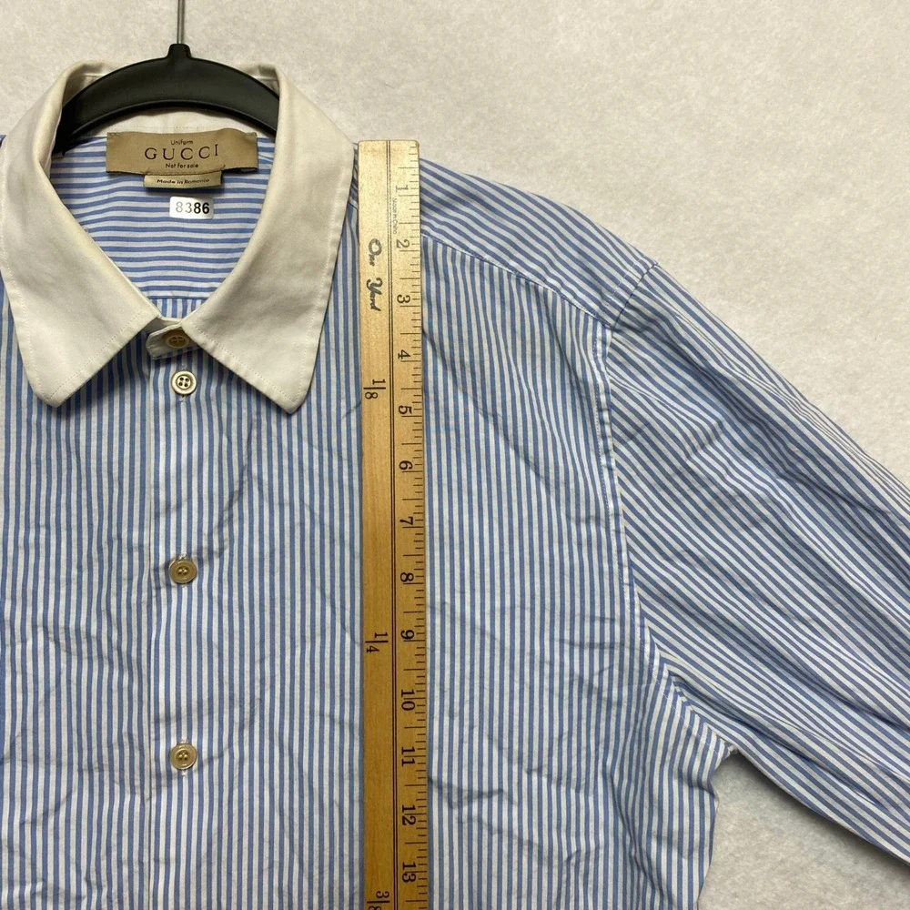 GUCCI Uniform Shirt Mens 16 Blue Long Sleeve White Collar Button Down Stripe